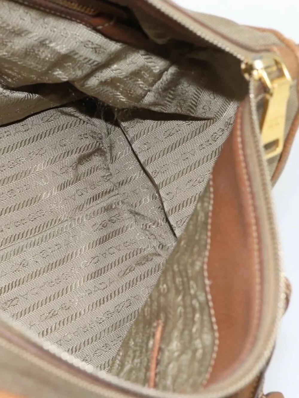 PRADA Hand Bag Canvas Leather Brown Gold Auth